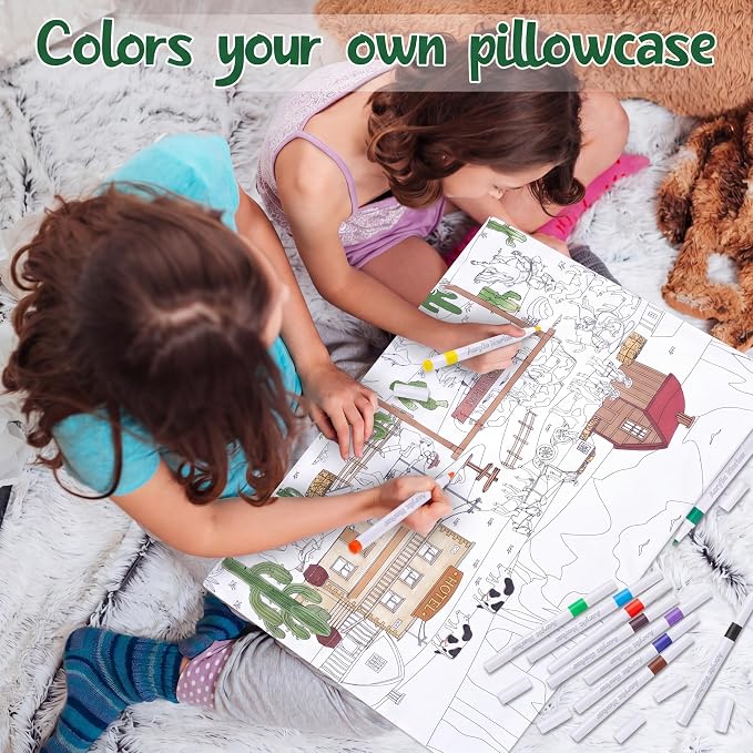 Mindsoft Coloring Pillowcase with 12 Pcs Markers Color Your Own Pillowcase Kit for Coloring Craft Decoration Supplies, 28.7 x 19.7 Inch(West Cowboy)
