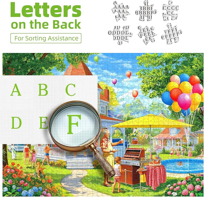 Summer Backyard BBQ Party 300 Piece Puzzles for Adults Pool Scene with Balloons Jigsaw Puzzle Letters on Back Fun Barbeque Family Challenge Seniors Puzzle for Game Night Gifts (17"×11")