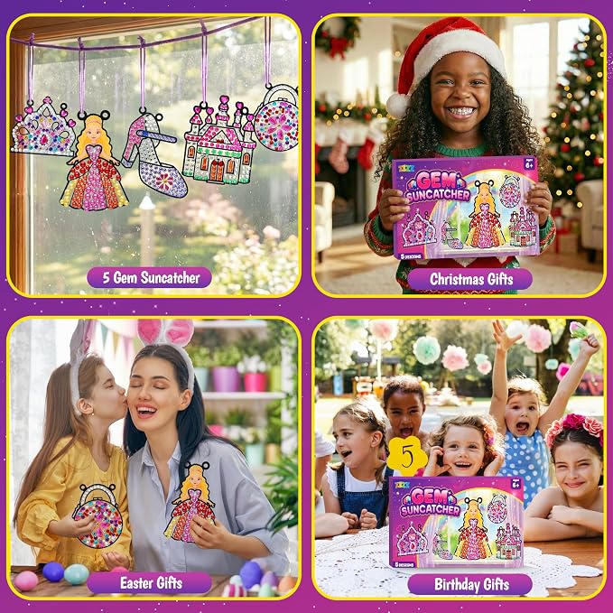 Princess Diamond Art Kits for Kids: 5PCS Big Gem Window Art Suncatcher Birthday Gifts Kit for Girls Ages 4 5 6 7 8 9 10 - DIY Creative Kids' Mosaic Kits Diamond Art Crafts Toys