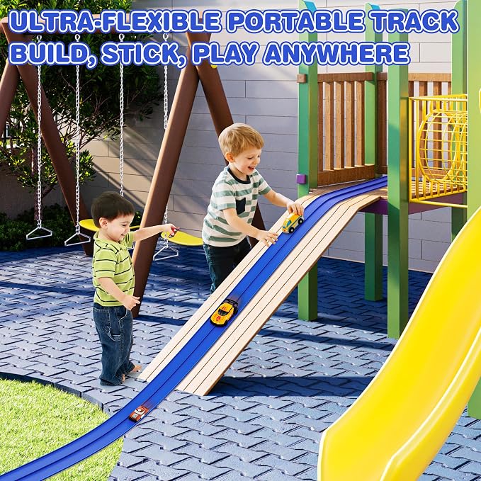 16 Ft Flexible Race Car Ramp Track for Kids Toy with Suction Cups, Compatible with Diecast 1/64th Cars, Rolls Up Portable Racetrack Party Favor Gifts for Boys Ages 3-10 Year Old (Racing Blue)