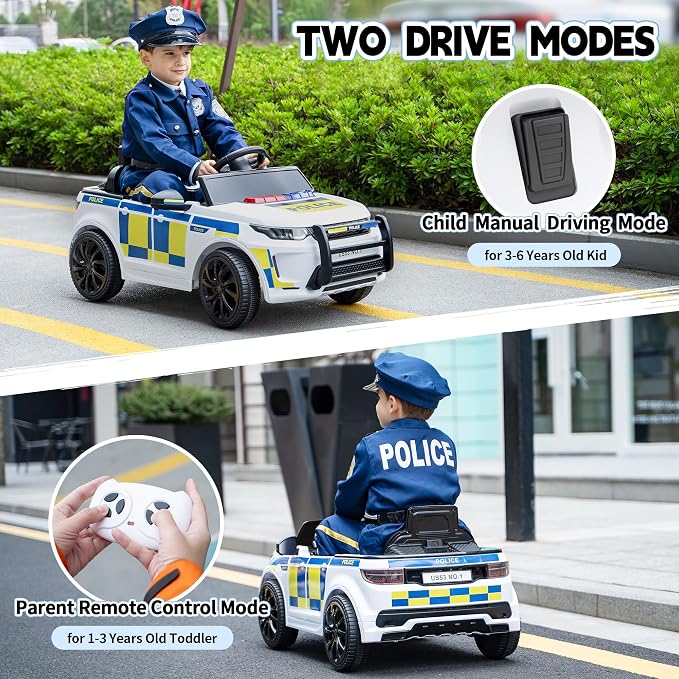 TOBBI Kids Electric Ride On Police Car, Toddlers Battery-Powered Cop Toy to Drive, 27W 4-Wheels Vehicle with Parental Remote Control/Soft Start/3 Speeds/Horn & LED for Children Ages 1-6 Years-White