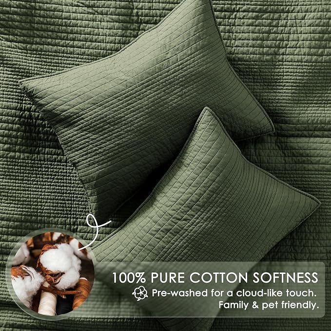 palassio Striped Olive Green 100% Cotton Quilt California Cal King Size Bedding Sets, Oversized Lightweight Channel Pick Stitch Textured Bedspread Soft Farmhouse Coverlet for All Season, 2 Shams
