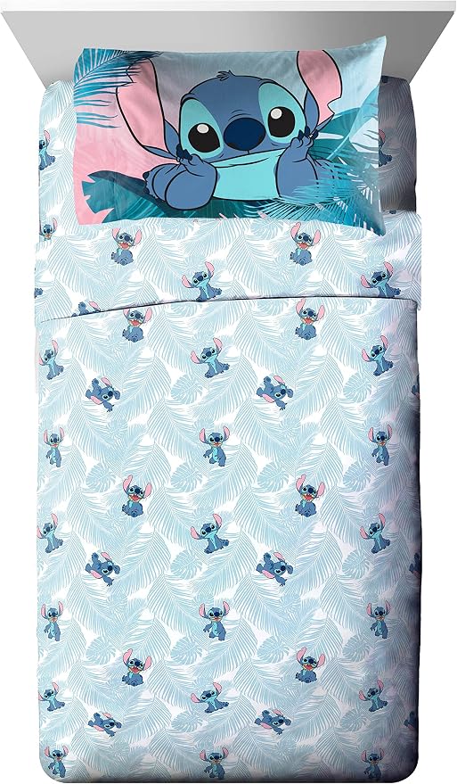 Jay Franco Disney Lilo & Stitch Floral Fun 5 Piece Twin Bed Set - Includes Reversible Comforter & Sheet Set Bedding - Super Soft Fade Resistant Microfiber