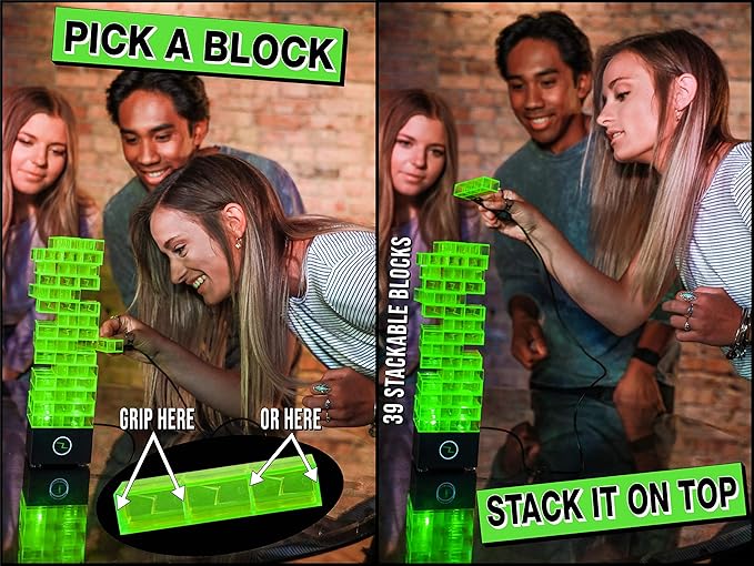 ShiZap! - Electric Shock Stacking Block Game, Plastic Tumble Tower Blocks, Shocking Tweezers, LED Base That Plays Suspenseful Music, Family Fun Party Games for Teenage Boys, Girls, Adults