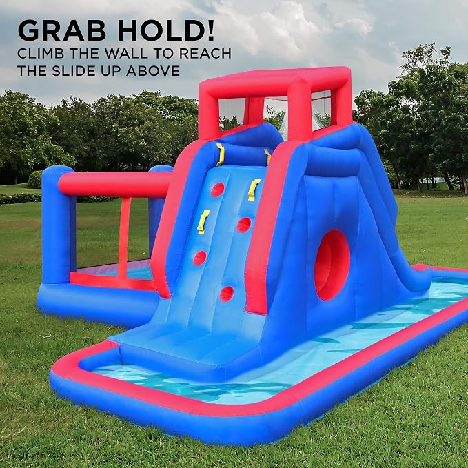 Sunny & Fun 2-in-1 Bounce & Blast Inflatable Water Slide Park – Heavy-Duty for Outdoor Fun - Climbing Wall, Slide, Bouncer, Tunnel & Splash Pool – Easy to Set Up, Included Air Pump & Carrying Case