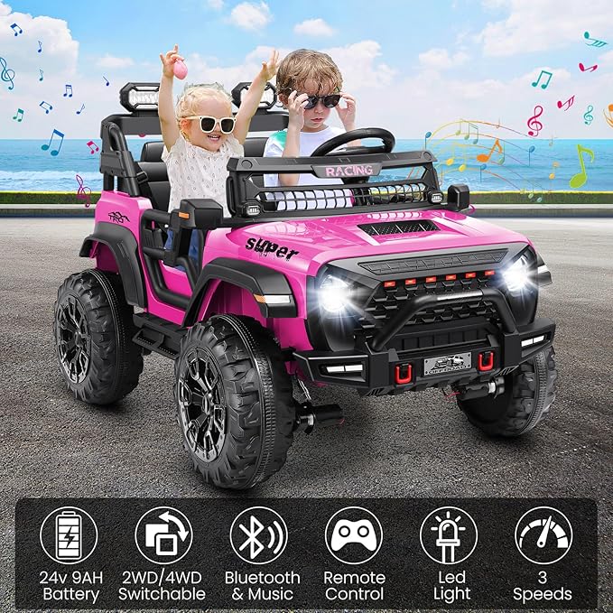 Hikole 24V Ride on Car with Remote Control, 2 Seater Electric Car for Kids w/20 Inch Wide Seat, 4x100W Motor, LED Headlight & Music Player, Power Car Wheels Ride on Toys for Boys Girls, Pink