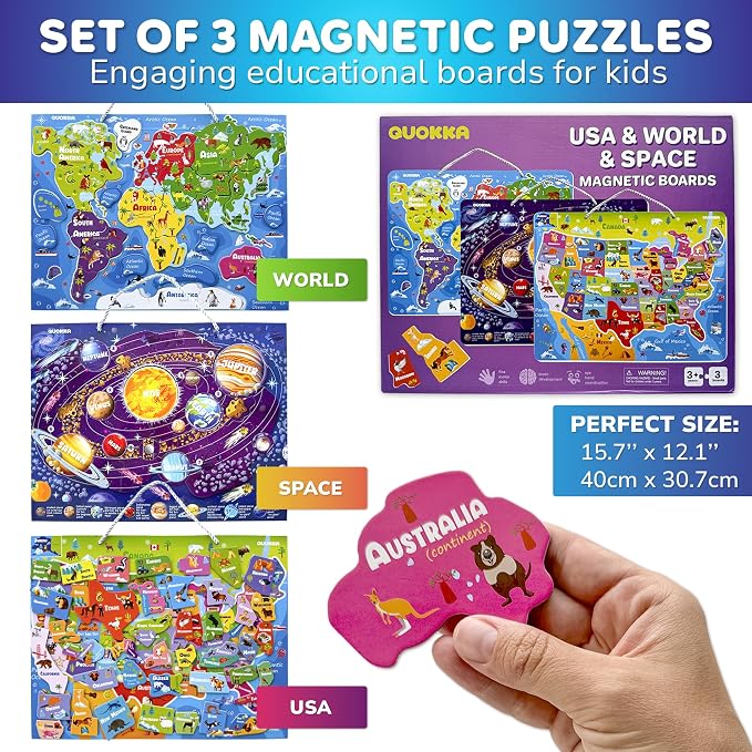 QUOKKA Magnetic Puzzles for Kids Ages 3-5 — 3 Educational Magnet Puzzles for Kids Ages 4-6 — Space, USA and World Map Learning Toys for Toddlers 2-4 — Learning United States Game for Children 6-8