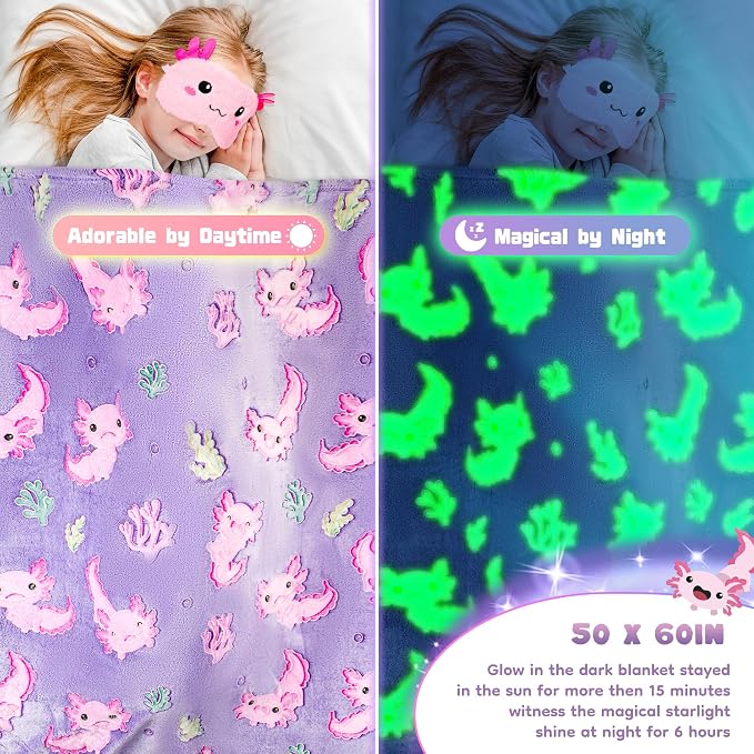 13PCS Axolotl Gifts for Girls 3 4 5 6 7 8 9 10 Years Old with Stationery Plush Diary with Lock/Glowing Blanket/Eye Mask/Crossbody Bag Teen Birthday Christmas Axolotl Gifts for Girls Kids