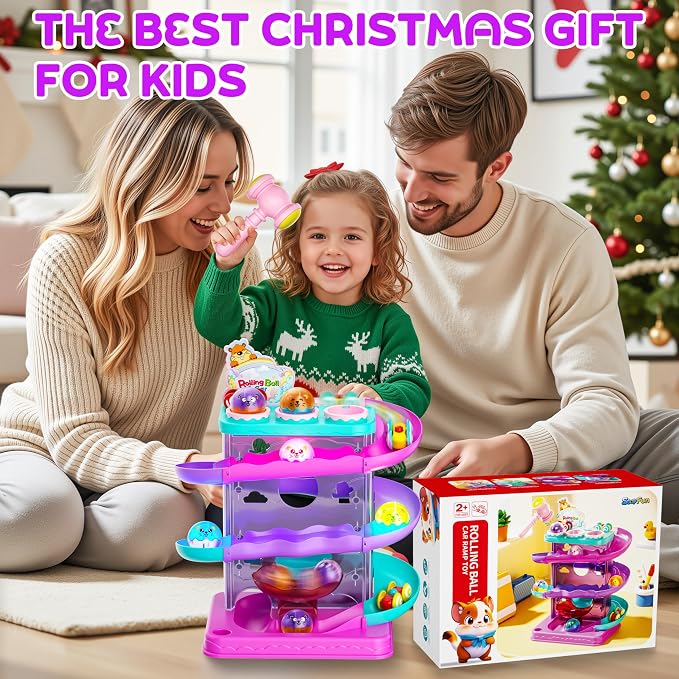 2-in-1 Light-Up Ball Drop & Car Ramp Track Toy with Hammer for Toddlers | Hammer, Launch, Roll and Race with a 2-in-1 Track Toy Made for Hands-On Fun