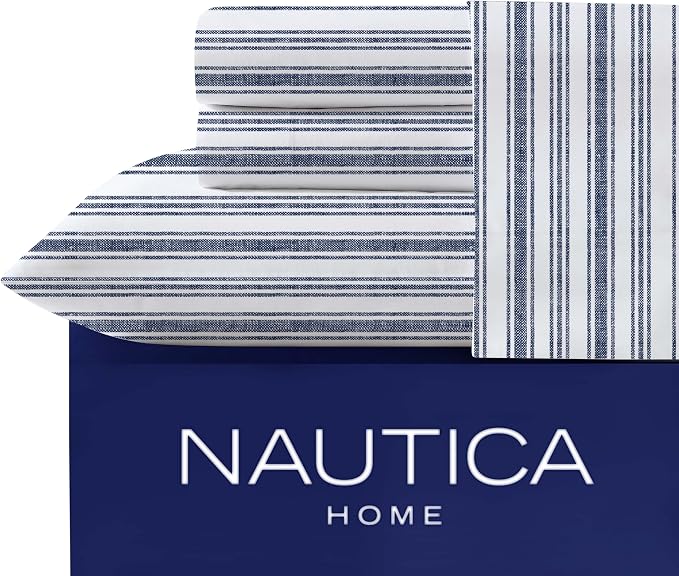 Nautica - Full Size Sheet Set, Crisp & Tailored Cooling Sheets with a Smooth Cotton Percale Lightweight Feel - Bed Sheets with Matching Pillowcases & Fitted Sheet (Coleridge Stripe Blue)