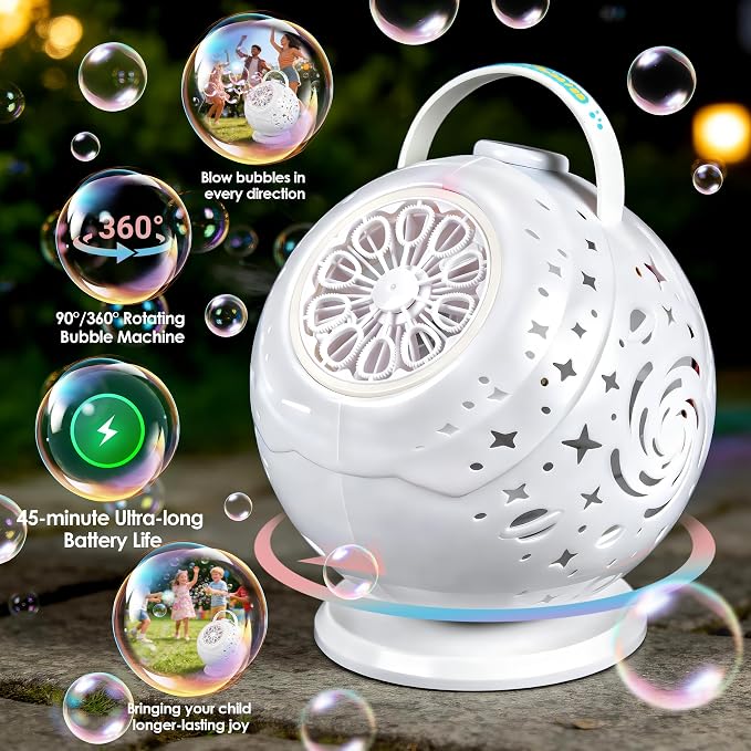 Rechargeable Galaxy Bubble Machine for Kids, 90°/360° Rotating Bubble Maker with Remote Control, 7-Color LED Light,Type-C Bubble Blower for Birthday Party, Wedding, Outdoor Play (Globe)