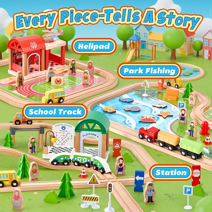 Wooden Train Set 175-Piece for Toddlers Kids Ages 3-8, Double-Sided Expandable Train Track with Puzzles & Magnetic Fishing Toys Compatible with Major Brands, STEM Railway Playset Gifts for Boys Girls
