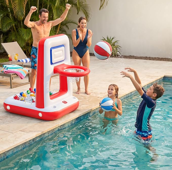 QPAU Pool Basketball Hoop with Built-in Cooler, 42" Poolside & Floating Inflatable Basketball Hoop for Family Pool Party — Swimming Pool Games for Kids & Adults, Includes 2 Balls & Pumps