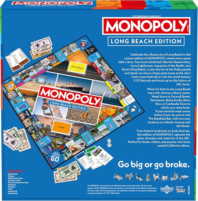 Monopoly Board Game – Long Beach, CA Edition: 2-6 Players Family Board Games for Kids and Adults, Board Games for Kids 8 and Up, Great for Game Night