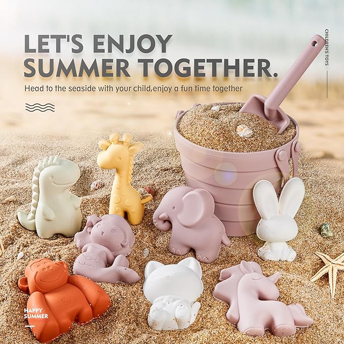 MarcZero 11Pcs Silicone Beach Toys,Collapsible Sand Bucket,Modern Baby Beach Toys,Travel Friendly Beach Set,Silicone Bucket,Shovel,Sand Molds, Beach Bag,Silicone Sand Toys for Toddlers, Kids (Purple)
