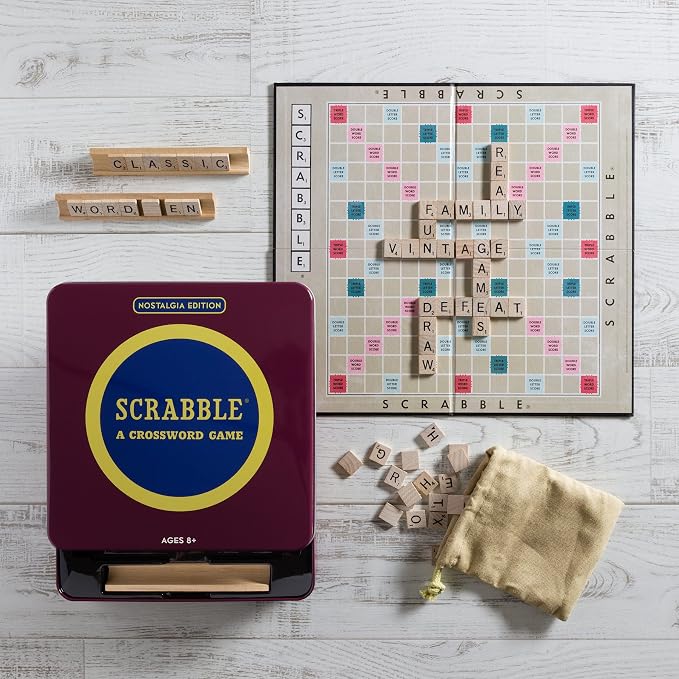 WS Game Company Scrabble Nostalgia Edition Board Game in Collectible Tin Vintage Style Word Board Games for Ages 8+