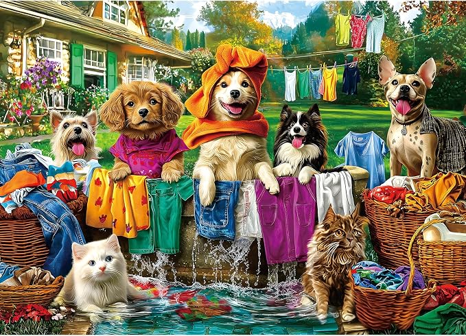 Laundry Day 1000 Piece Puzzle for Adults - Colorful Backyard Scene with Dogs & Cats Pet House Garden Jigsaw Puzzles, Unique & Fun Adult Games for Game Night Gift & Family Activities