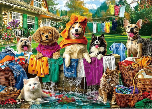 Laundry Day 1000 Piece Puzzle for Adults - Colorful Backyard Scene with Dogs & Cats Pet House Garden Jigsaw Puzzles, Unique & Fun Adult Games for Game Night Gift & Family Activities
