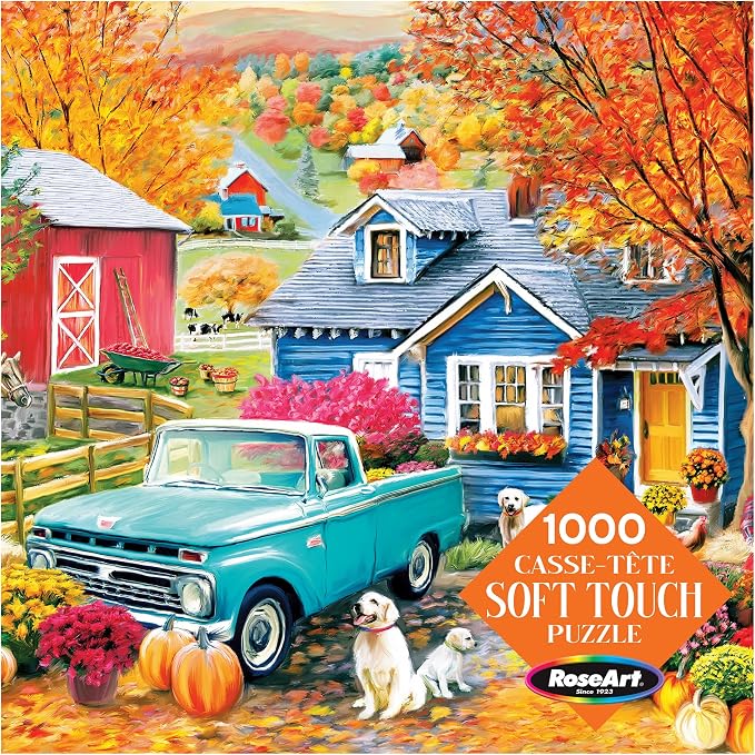 RoseArt - Soft Touch - Autumn Hill Cottage - 1000 Piece Jigsaw Puzzle, Autumn Country Scene Puzzle for Adults - Made in USA