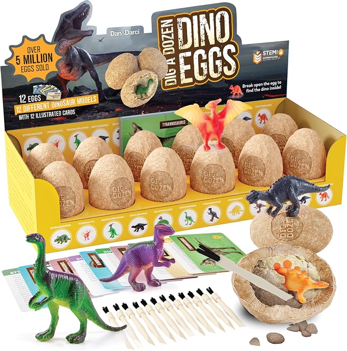 Dan&Darci Dig a Dozen Dino Egg Kit for Kids - Easter Basket Stuffers - Dinosaur Toys Gift 3-12 Year Old - 12 Eggs & Surprise Dinosaurs - Science STEM Activities - Boy Toy Party Gifts for Boys & Girls