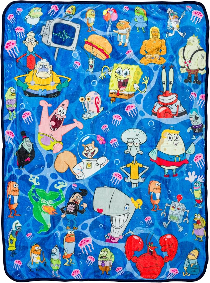 Silver Buffalo Spongebob Squarepants, Patrick, Squidward, Mr. Krabs, Sandy, Pearl, Mermaid Man, Barnacle Boy, Flying Dutchman, Bikini Bottom Characters 45" x 60" Fleece Throw, Soft Blanket, 185 GSM