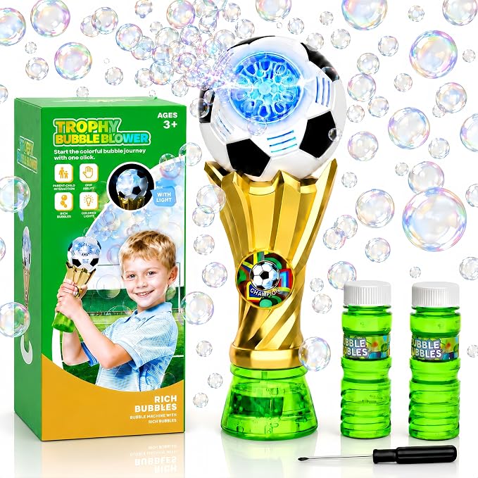 Bubble Machine for Kids, Light up Bubble Wands with 2 Solutions, Outdoor Toys for Kids Ages 3-5 4-8, Soccer Toys for Boys, Birthday Party Gift for 3 4 5 6 7 8 Years Old Boys and Girls