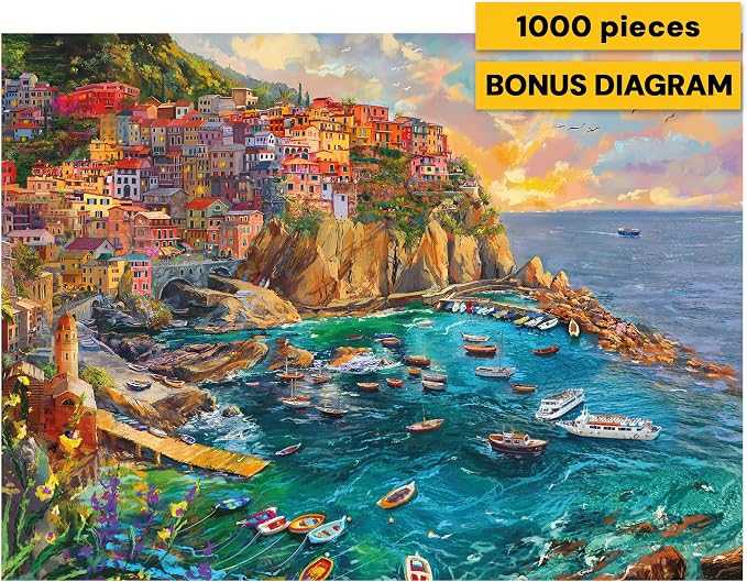 Buffalo Games – Cinque Terre Seas – 1000 Piece Jigsaw Puzzle - Premium Gold Collection Giftable Puzzle for Adults – Precision-Cut Pieces, Beautiful Artwork, and Hours of Relaxing Fun