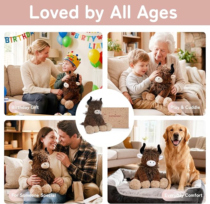 Niuniu Daddy 14" | 3.5 Pound Weighted Stuffed Animals Highland Cow, Weighted Plush Stuffy Realistic Scottish Cow Plushy for Kids Adults, Sitting Cuddly Toy Huggable Gift for Everyday Comfort