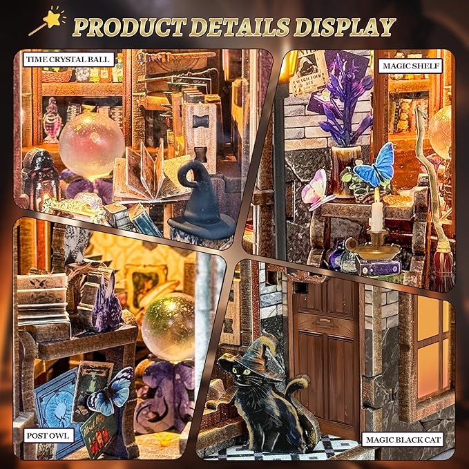 SUNNINO Miniature Dollhouse Kit, 3D Wooden Puzzles for Adults Mini House Building Kit with LED Lights Christmas Birthday Gifts Book Nook Kits Bookshelf Decor for Adults and Teens, Time Magic Club