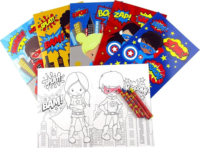 TINYMILLS Superhero Coloring Books for Kids – 12 Coloring Books with 48 Crayons, Superhero Party Favors, Classroom Rewards, Favor Bag Fillers, Superhero Birthday Party Supplies