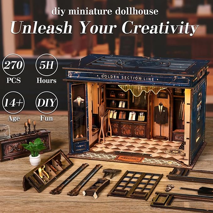 ISSEVE Book Nook Kits for Adults, DIY Booknook Kit Miniature Dollhouse Book Nooks, 3D Wooden Puzzle Model Building Creative Bookshelf Home Decoration Adult Crafts Kits Gift (Golden Section Line)