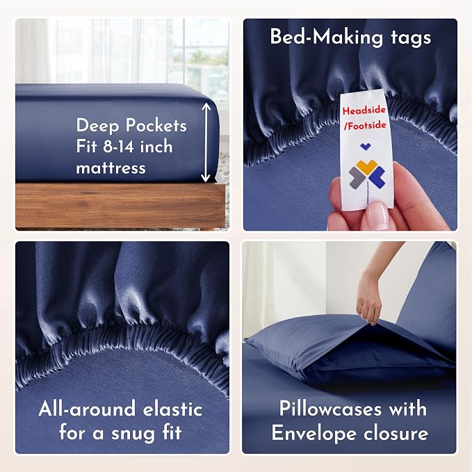 California Design Den Natural 100% Cotton Sheets Full Size Bed Set with Deep Pockets - Soft Sateen Weave, Durable Full Size Sheets (Navy Blue)