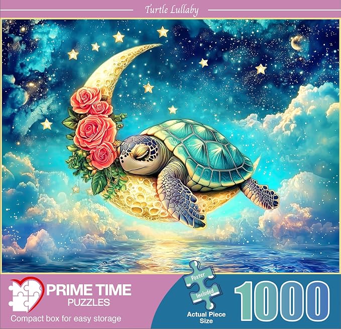 Sea Turtle Flower Puzzles 1000 Pieces Jigsaw Puzzle for Adults - Cute Turtle Gently Sleeping on The Crescent Moon amidst a Cloud Covered Ocean - Challenging and Difficult Puzzle - 20x27 inches