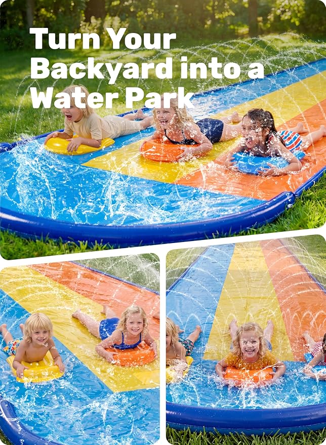 Sloosh Triple Water Slide with 3 BodyBoards, 18FT Lawn Slip Water Splash Slide Summer Toy Splash Pad with Build in Advanced Sprinkler for Kids Adults Backyard Summer Water Fun