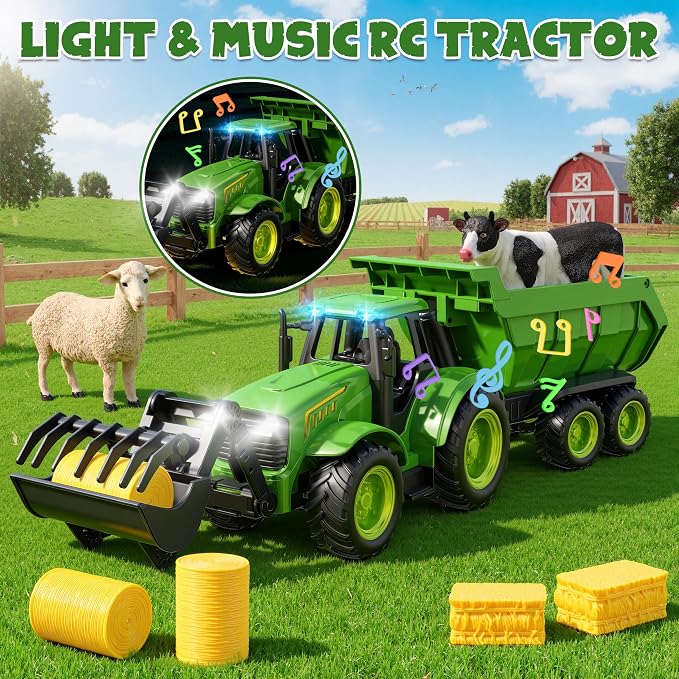 Funwee RC Farm Tractor Toy w/Light & Music, Kids Truck Toy w/Front Loader & Farm Animal, 2.4GHz RC Tractor Trailer for Boys & Girls, Toddler Vehicle Car Playset Age 3-8+ Year Old Gifts (Bright Green)