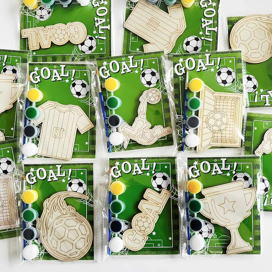 Xvvti 12PCS Soccer Party Favors- DIY Soccer Wood Painting Kits with Art Supplies – Fun Thank You Gifts, Birthday Party& Goodie Bag Stuffers