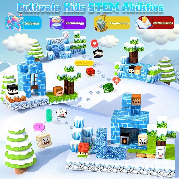 150PCS Magnetic Blocks, Magnetic Building Blocks, Magnet Blocks Cubes, STEM Educational Stacking Magnet Toy for Kids Ages 3 4 5 6 7 8 9 10 11 12, Birthday Gifts for Boys and Girls - Snow World