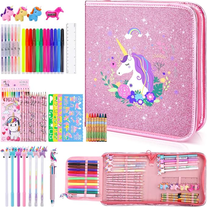 MAIGOZON Unicorn Art Supplies for Girls Ages 4-8 - 56 PCS Coloring Kit with Scented Markers, Gel Pens & Glitter Pencil Case, Kids Drawing Set Birthday Holiday Gifts for Girls 6 7 8