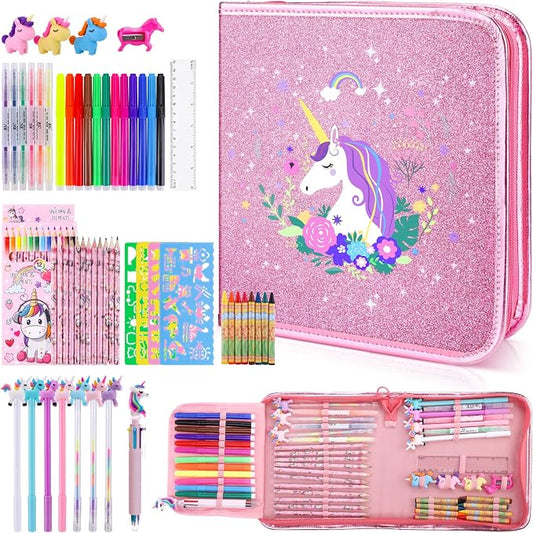 MAIGOZON Unicorn Art Supplies for Girls Ages 4-8 - 56 PCS Coloring Kit with Scented Markers, Gel Pens & Glitter Pencil Case, Kids Drawing Set Birthday Holiday Gifts for Girls 6 7 8