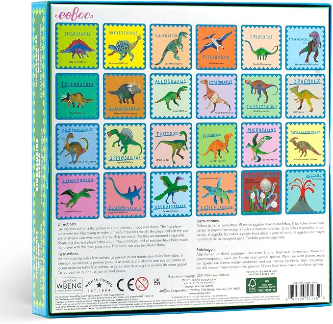 eeBoo: Memory and Matching Game- Shiny Dinosaur- 24 Pairs, Develops Recognition, Concentration, Memory & Vocabulary Skills, Age 3+