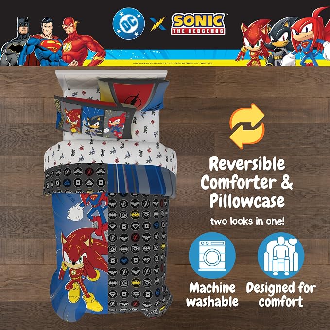 DC x Sonic The Hedgehog Kids Bedding Set, Full Size, 5-Piece Super Soft Cozy Reversible Comforter & Sheet Set (Officially Licensed Product) by Franco