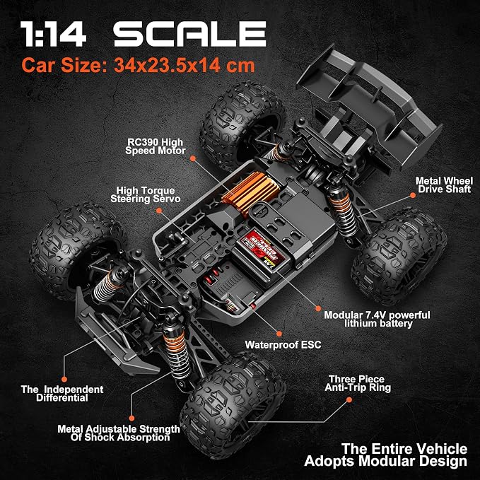 X-TMAGA 1:14 Scale All Terrain RC Cars for Adults & Boys (HS14323), Max Fast 40+ KPH, 4WD Off-Road RC Truck for Snow & Sand & Mud, 4X4 Waterproof Remote Control Car with 2 Rechargeable Batteries