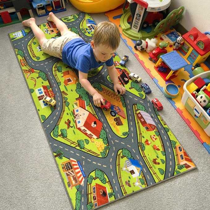 STARUIA Washable Kids Carpet Playmat Rug for Boys Room, 79"x39" Large Toddler Car Rug for Kids Toy Cars, Fun Learning Farm Play Mat Road Rugs for Kids Room Bedroom Playroom