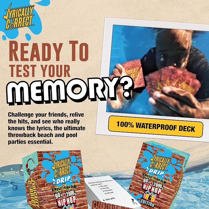 Lyrically Correct Waterproof DRIP ‘90s & 00s Hip-Hop & R&B Edition – Waterproof Music Trivia Card Game for Adults & Families – Pool, Beach & BBQ Party Game