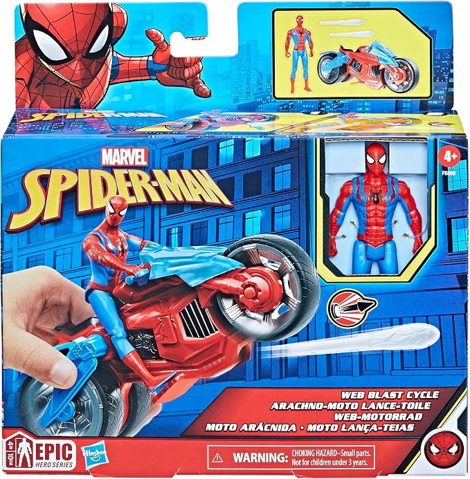 Marvel Spider-Man Web Blast Cycle, 4-Inch Action Figure with Vehicle and 2 Web Projectiles, Kids Playset for Ages 4 and Up