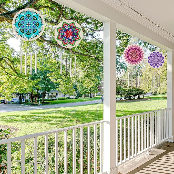 HOTPLACY 24 Sets Mandala Wind Chimes Craft for Kids | DIY Wood Hanging Bulk Ornaments, Painting Craft, Color Your Own, School Home Party Activity Project Decor