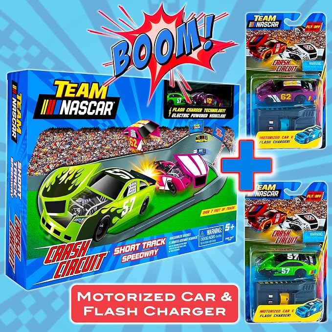 Slot Car Race Track Sets | NASCAR Crash Circuit Short Track | 2 Electric Powered Cars with Flash Chargers | Race Tracks for Kids Ages 4-8 | Car Racing Toy