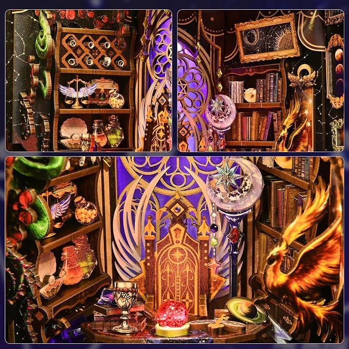 Book Nook DIY Kit for Adults, 3D Wooden Puzzle with LED,Bookend Bookshelf Decoration,Miniature Dollhouse for Home Decor,Mystic Zodiac