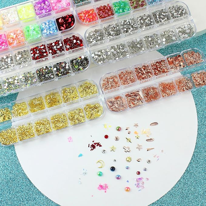 Artdone Nail Art Glitter Studs Kit, 6 Boxes Multicolor and Design 3D Charms with 15 Sheets Gold Nail Stickers, Diamond Cute Nail Jewels for DIY Decoration with Pickup Tools