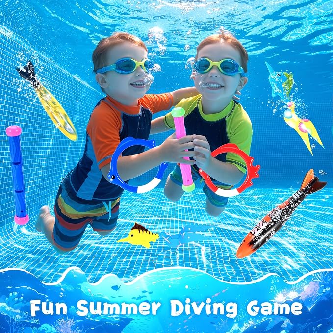 VGOFUN Diving Pool Toys for Kids Ages 3-12, Swimming Pool Toys Water Sinking Toys with Diving Gem Pirate Treasure Chest, Mermaid Toys, Dive Rings Sticks Torpedo Storage Bag for Summer Party Favor